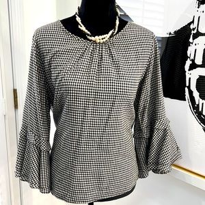 Good Luck Gem Black & White 3/4 Tiered Bell Sleeve Gingham Top, Size L